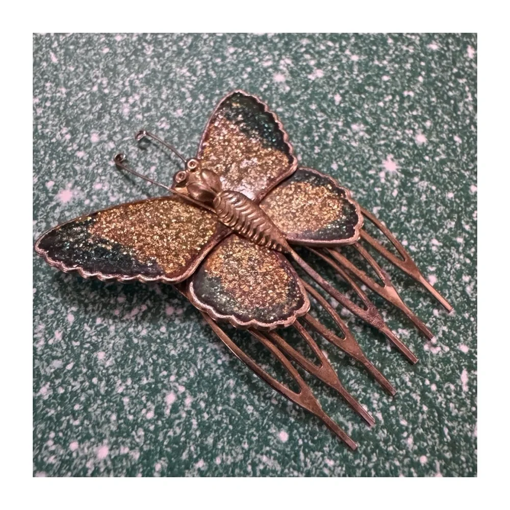Vintage Butterfly Hair Comb in Fairy Emerald Green and Gold Finishing